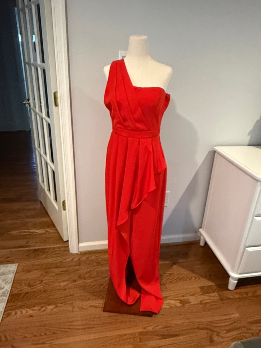 BCBGMaxAzria One-Shoulder Red Cascade Gown